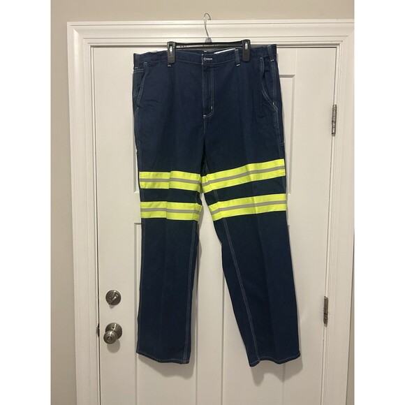 CARHARTT REFLECTIVE Safety Work Pants Dark Wash Denim Size 42 X 32 Dungaree Fit - Picture 1 of 7
